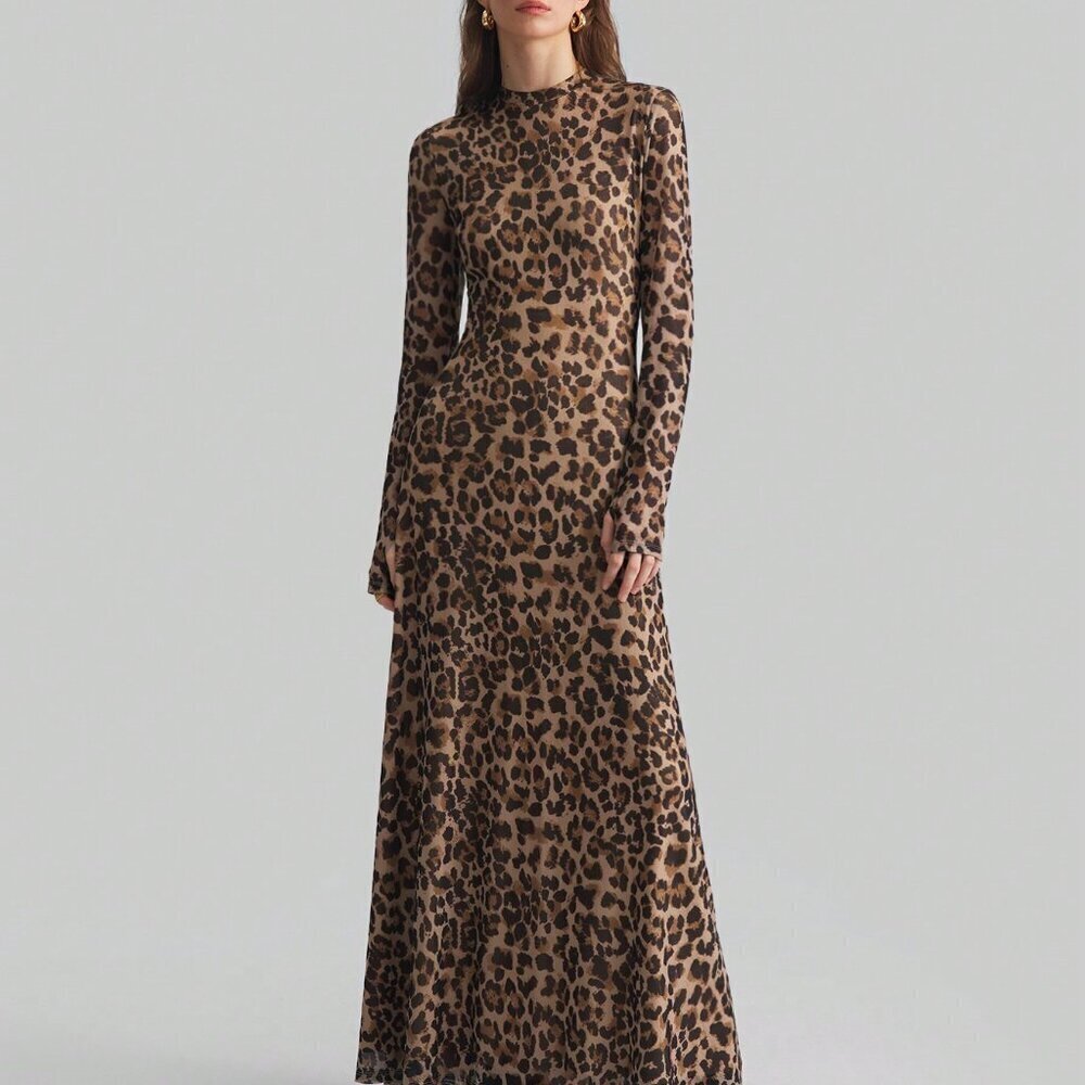Brown Elegant Women's Leopard Print Digital Pattern Sexy Long maxi Dress